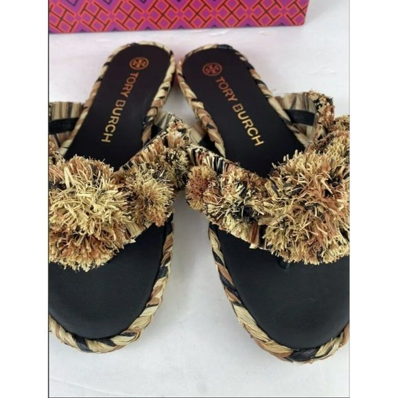 Tory Burch Raffia Flat Sandal Black/Aged Camello/Natural) Size 5 MSRP $228 - Picture 2 of 6
